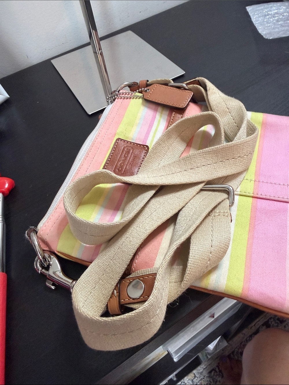 Coach Hampton Pastel Striped Canvas Crossbody Bag With A Playful Interior - Picture 12 of 12
